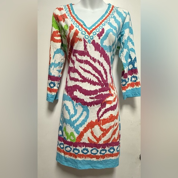 Multicolor V-Neck Patterned Dress - Picture 1 of 8